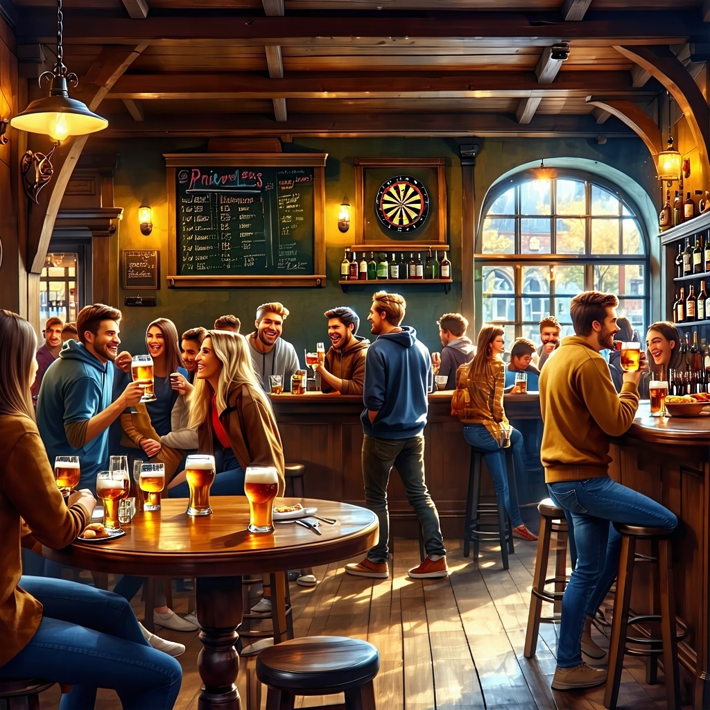 The image depicts a cozy and bustling pub interior brimming with life and warmth Wooden beams arch overhead and the rich deep hues of mahogany and oak furnish the bar and tables creating an inviting atmosphere Patrons of diverse ages and backgrounds-1