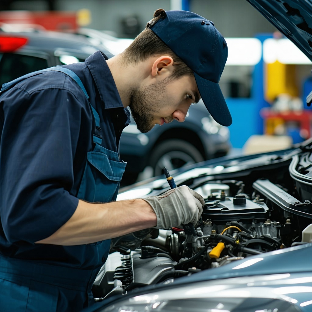 make a picture of a mechanic working on a car engine in a  garage facing right-2