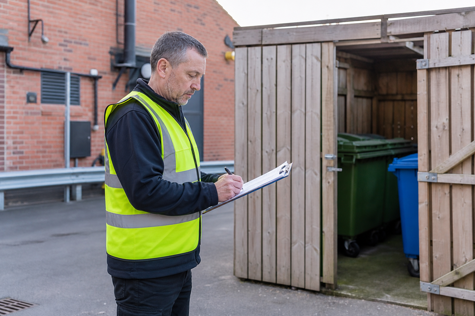 Manager in a hi-vis vest signing waste paperwork beside a commercial bin store
