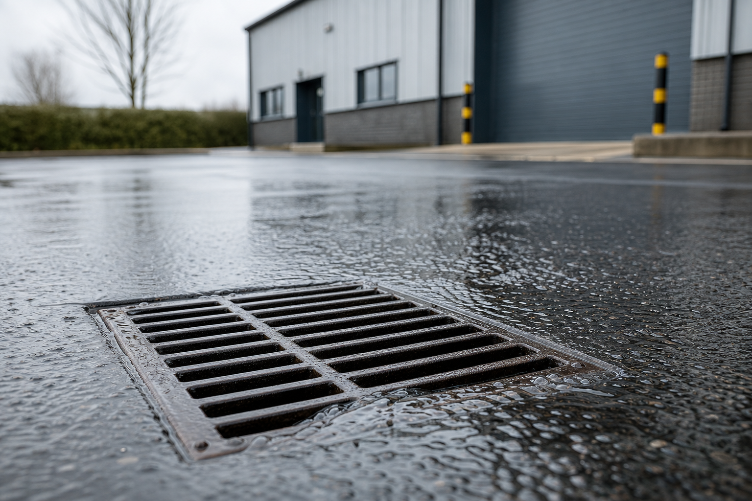 Rainwater draining into a metal grate in a commercial car park