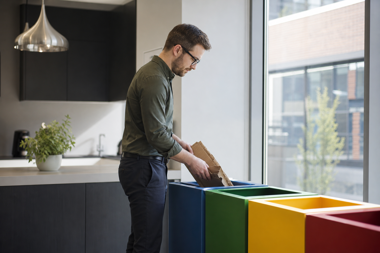 Office worker separating cardboard into colour coded workplace recycling bins