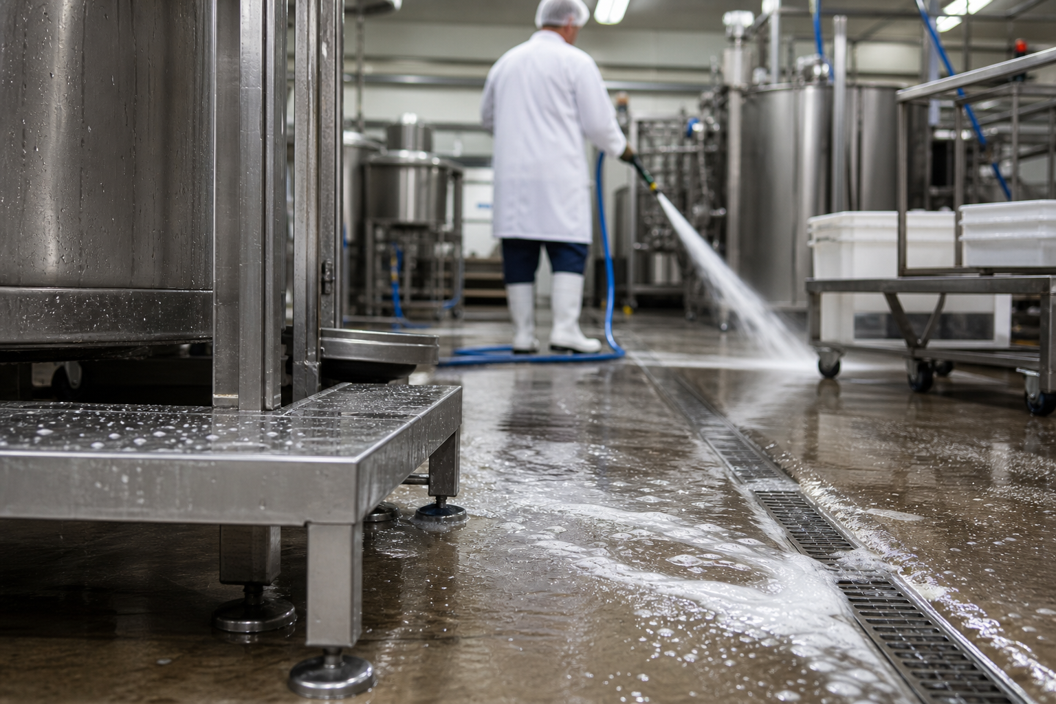 Stainless steel food production area being washed down with water running into a floor drain