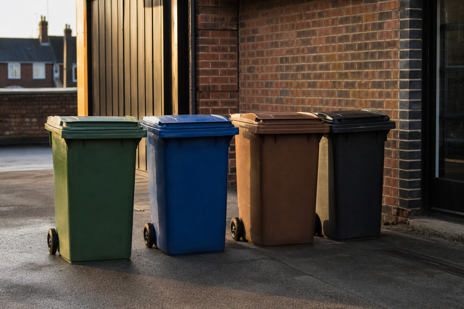 Row of coloured commercial wheelie bins in a service yard behind a small business
